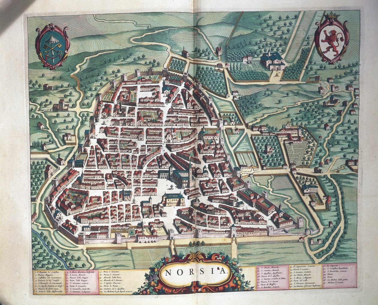 ノルシアの地図、ジョアン・ブラウの『イタリアの市民とアドミランドルム』から、彫刻で描かれています。 作： Joan Blaeu