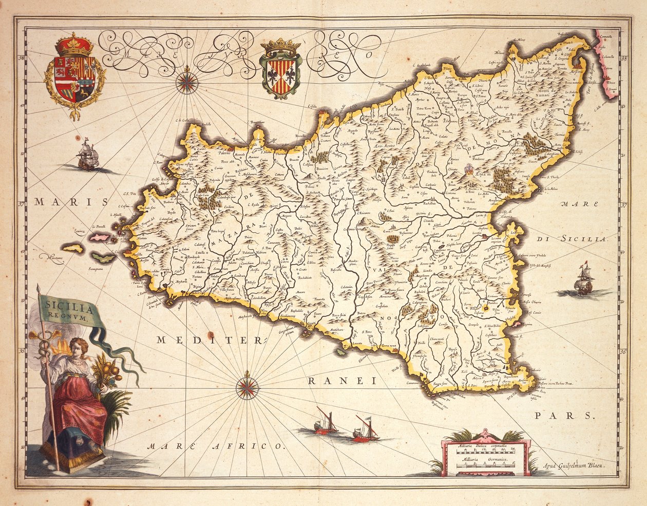 シチリア地方の地図、Joan Blaeuによる 作： Joan Blaeu