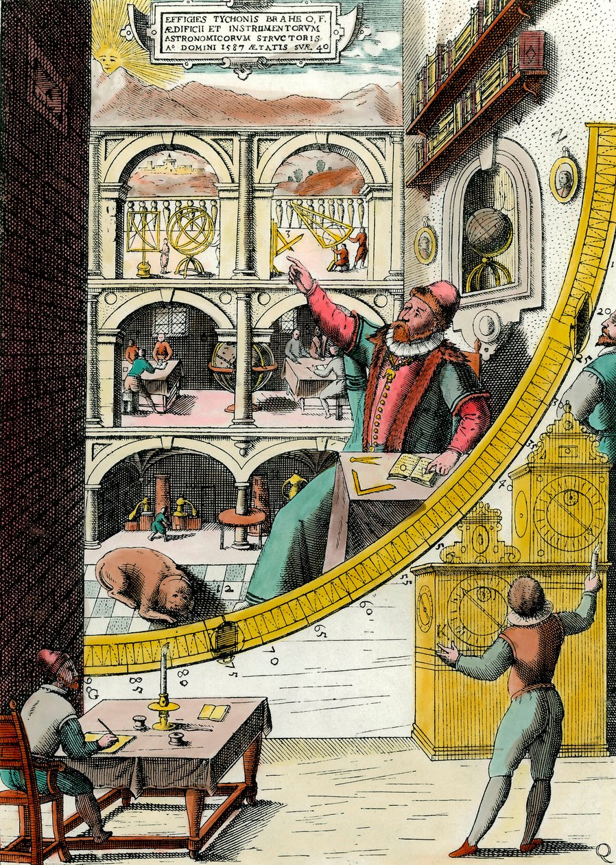 デンマークの天文学者ティコ・ブラーエ（1546-1601）の天文台での姿 Johannes Blaeu（1598-1673）の "Atlas Major Ssive et cosmographia Blavania labore et sumptibus "からのエングレーヴィング。17世紀パリ、装飾美術 作： Joan Blaeu
