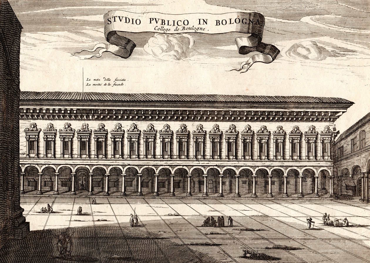 イタリア、エミリア・ロマーニャ州、ボローニャ、アルキギンナシオ宮殿、銅版画、約21x29cm 作： Joan Blaeu