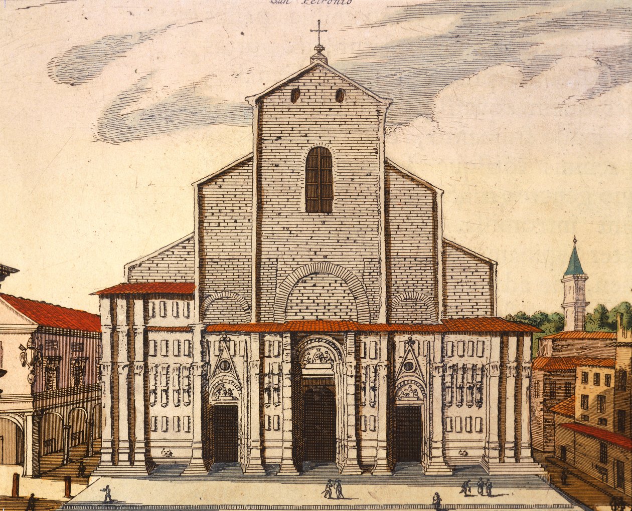 ボローニャのサン・ペトロニオのバジリカ、ジョアン・ブラウ（1596-1673）作、イタリアの「Theatrum Civitatum et Admirandorum Italiae」からのプリント。 作： Joan Blaeu