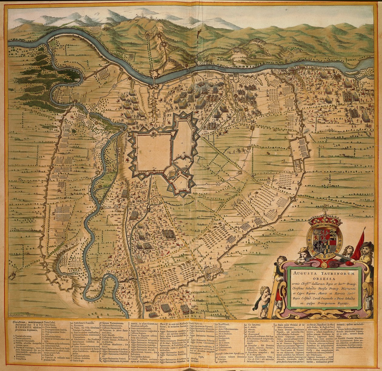 1639年のトリノ包囲戦、イタリアで印刷されたJoan BlaeuのTheatrum Sabaudiaeからのカラーエングレーヴィング。 作： Joan Blaeu