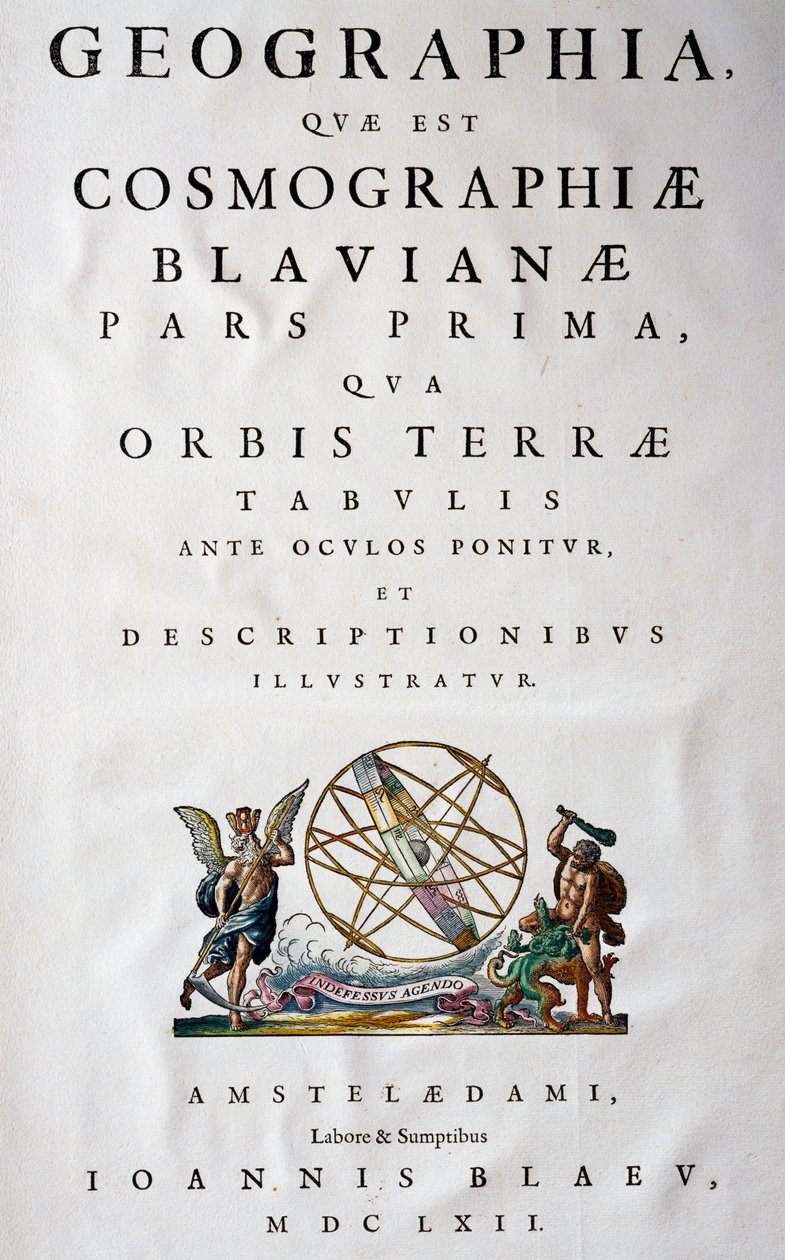 Joan Blaeu（1596-1673）作、全11巻のアトラス「Atlas Maior」第1部のタイトルページ、銅版画、57.5x39 cm、アムステルダム 作： Joan Blaeu