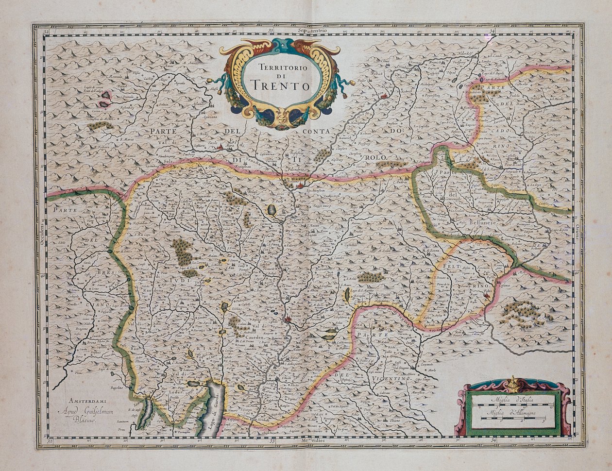 イタリア、Joan Blaeu（1596-1673）の「Theatrum orbis terrarum, sive, Atlas novus（世界の劇場、または全地域の地図と表象の新アトラス）」より、トレント周辺 作： Joan Blaeu