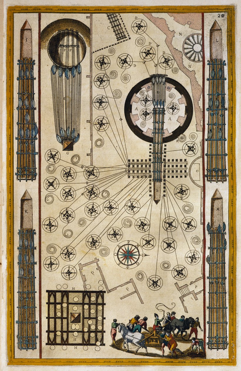オベリスクを動かすためのウィンチ、ジョアン・バルー（1596-1673）の『Theatrum civitatum et admirandorum Italiae』からの彫刻。 作： Joan Blaeu