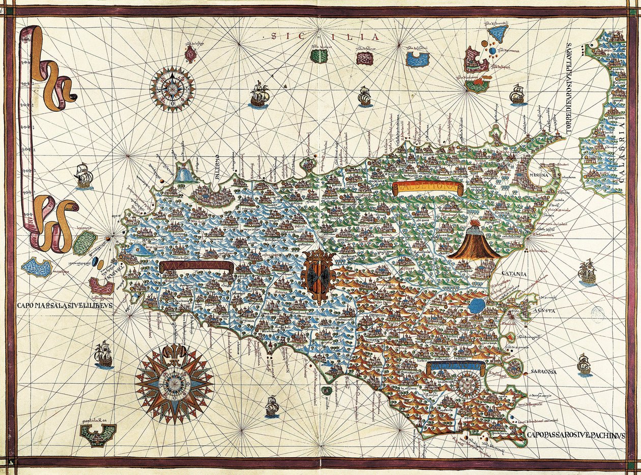 シシリー島。(シチリア島）ジョアン・マルティネス（1556-1591）の航海図 作： ジョアン・マルティネス