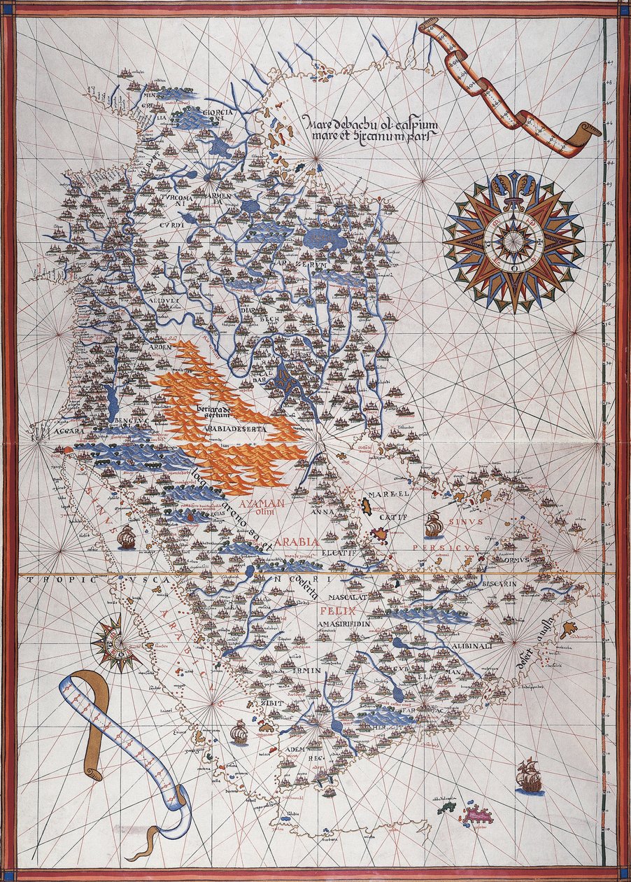 アラビア半島の地図、風配図、港と海岸の詳細、Atlas de Joan Martinesにて 作： ジョアン・マルティネス