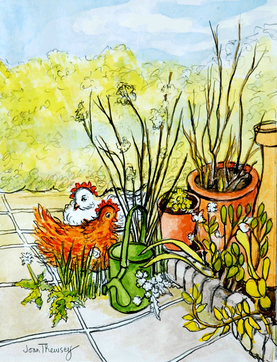 Hens and Pots、ルーシーレッドマンオープンガーデン、2000年（水彩ウォッシュ付き鉛筆） 作： Joan Thewsey