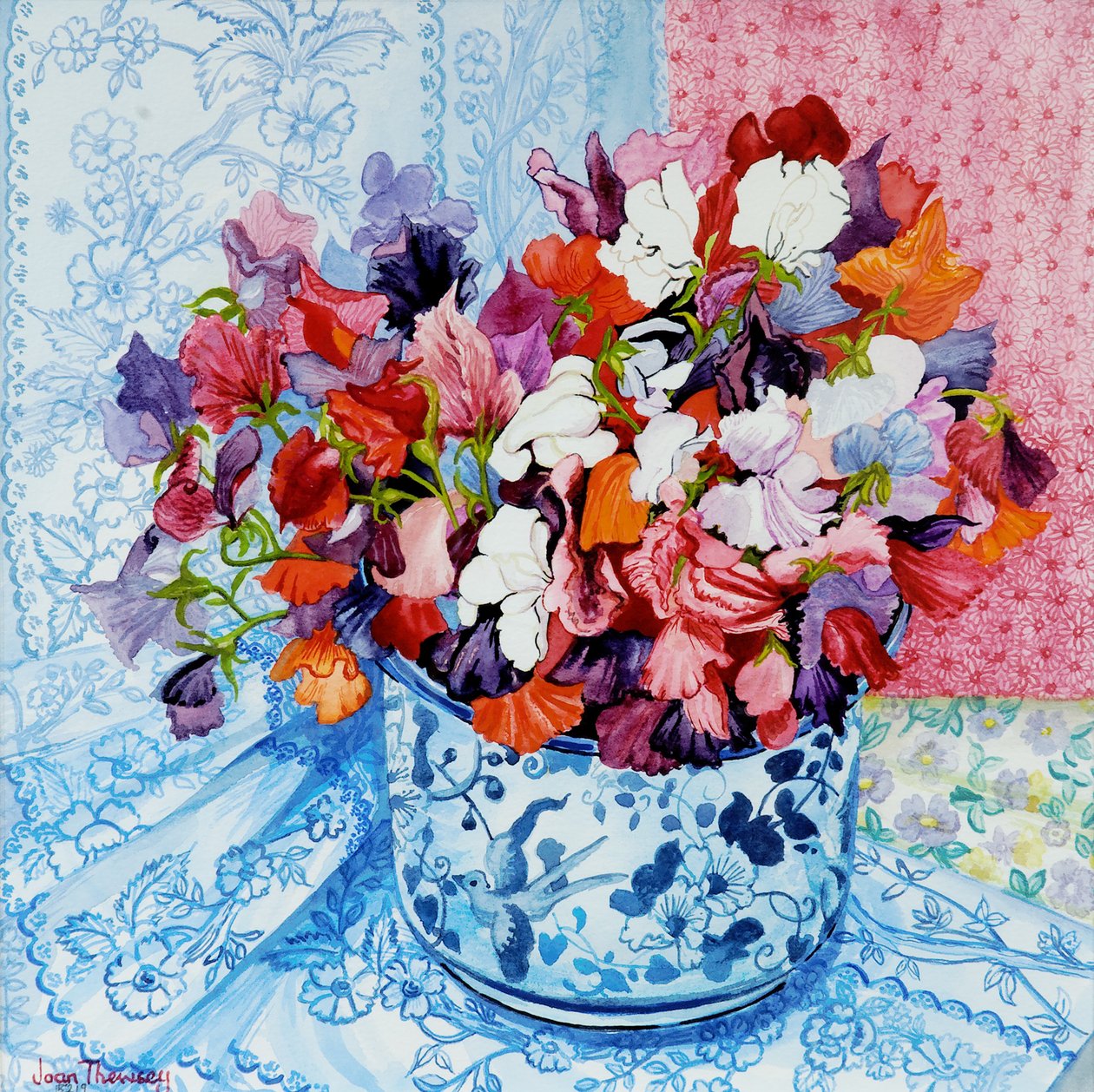 青と白の鍋、2010、水彩画の甘いエンドウ豆 作： Joan Thewsey