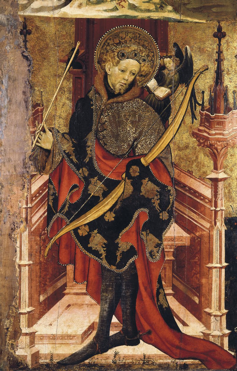 São Sebastião e Crucificação. c.1417-25 (têmpera sobre madeira) 作： ジョーンまたはファン・メイツ
