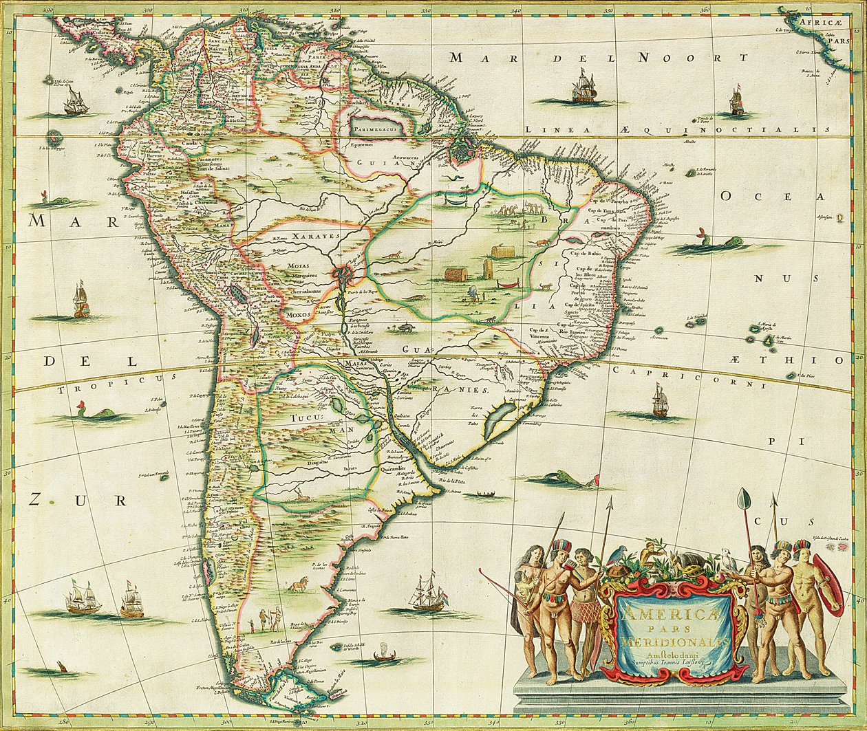 アメリカパルスメリディオナリス、93ページ、「Atlas Minor Sive Geographia Compendiosa、qua Orbis Terrarum」、Nicolaes Visscher（1618-1709）1655（手塗りの彫刻） 作： ジョアンズ・ヤンソン