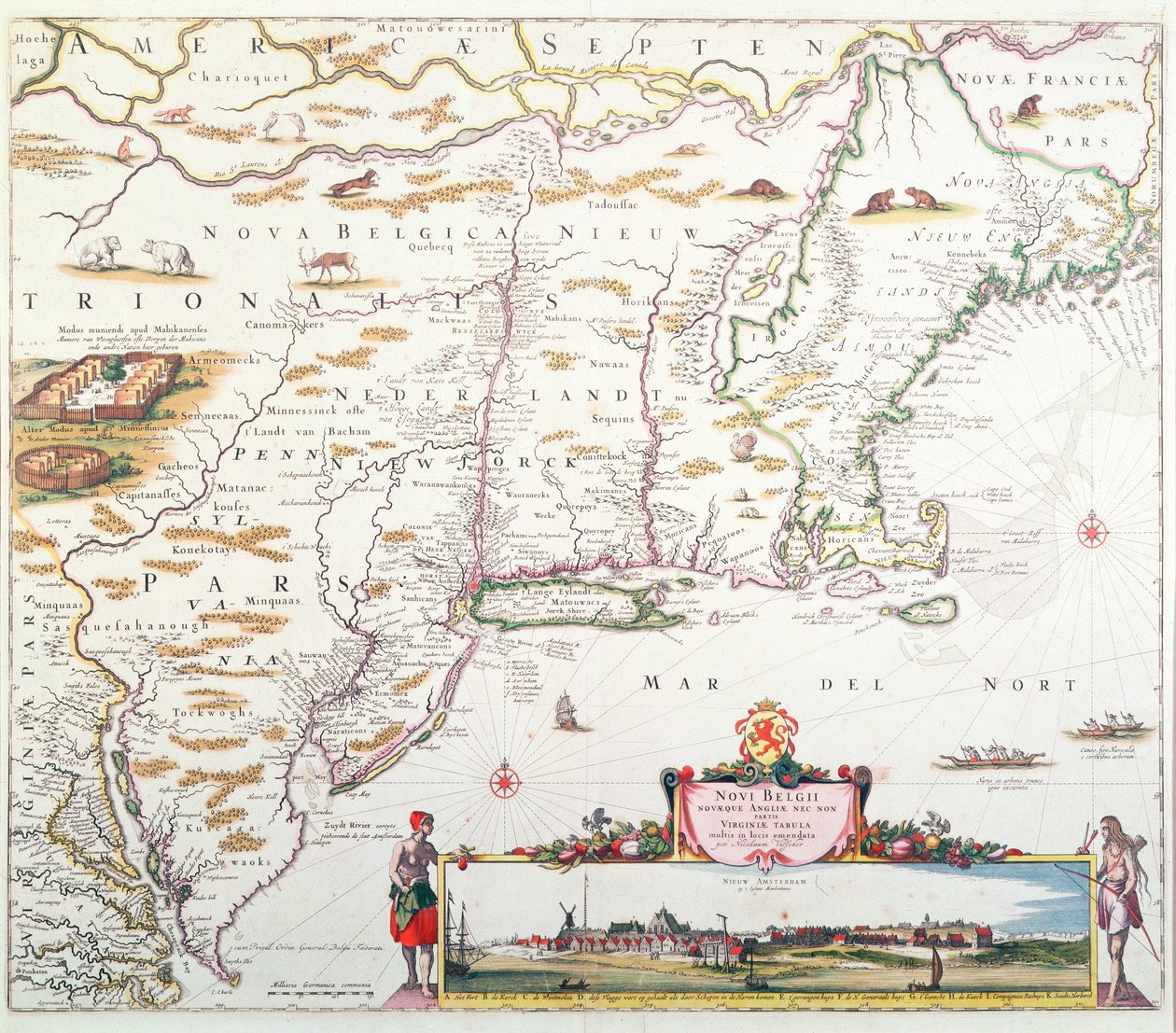 Nicolaes Visscher（1618-1709）c.1651-55（手書きの彫刻）によって編集された、ニューアムステルダムの景色を望むニューベルギーの地図 作： ジョアンズ・ヤンソン