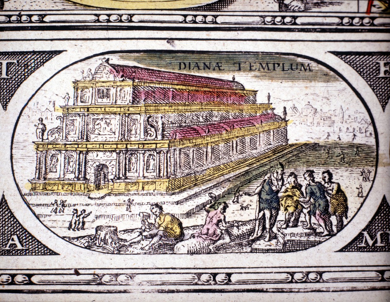 1630年にアムステルダムで印刷されたヤンソンヤンソニウスのアトラスに掲載された古代の七不思議：エフェソスのディアナ（アルテミス）神殿の表現。個人蔵。 作： ジョアンズ・ヤンソン