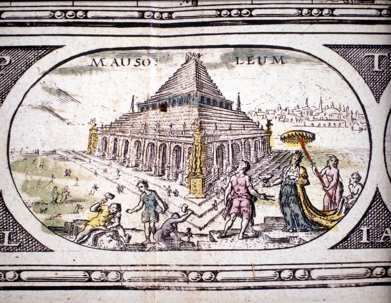 1630年にアムステルダムで印刷されたヤンソンヤンソニウスのアトラスに掲載されている「古代の七不思議：ハリカルナッソスの霊廟」の表現。個人蔵。 作： ジョアンズ・ヤンソン