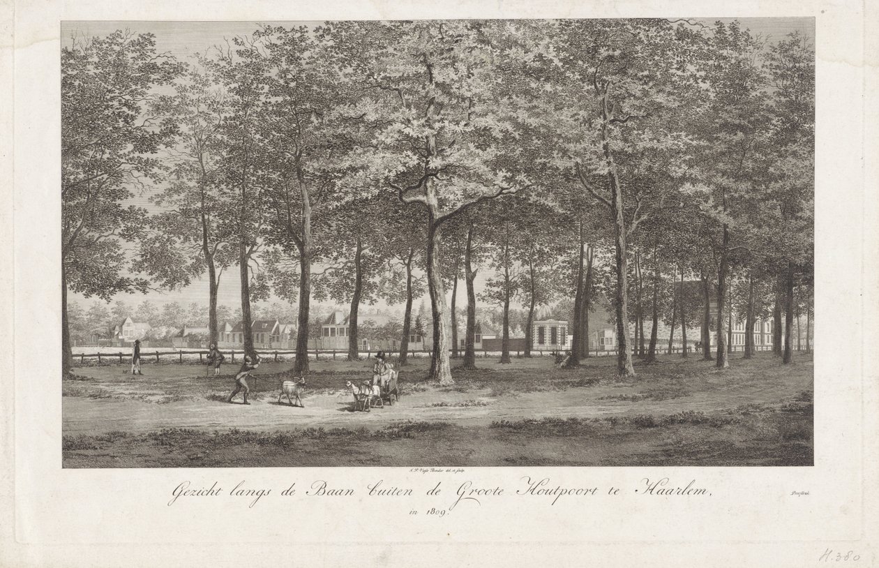 ハールレムのバーンの眺め 1809 年、ハールレムの Groote Houtpoort の外にある De Baan (オブジェクトのタイトル) 作： Joannes Pieter Visser Bender