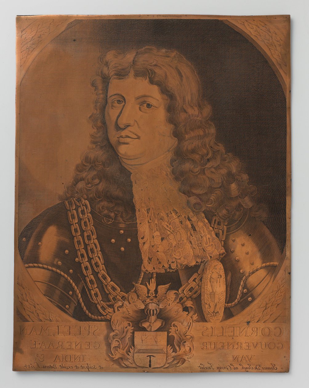 コーネリス・スピルマン 1640-1684、オランダ領東インド総督 (1681-1684) の肖像 (チェスト ピース) の銅版画プレート 作： Joannes de Jongh