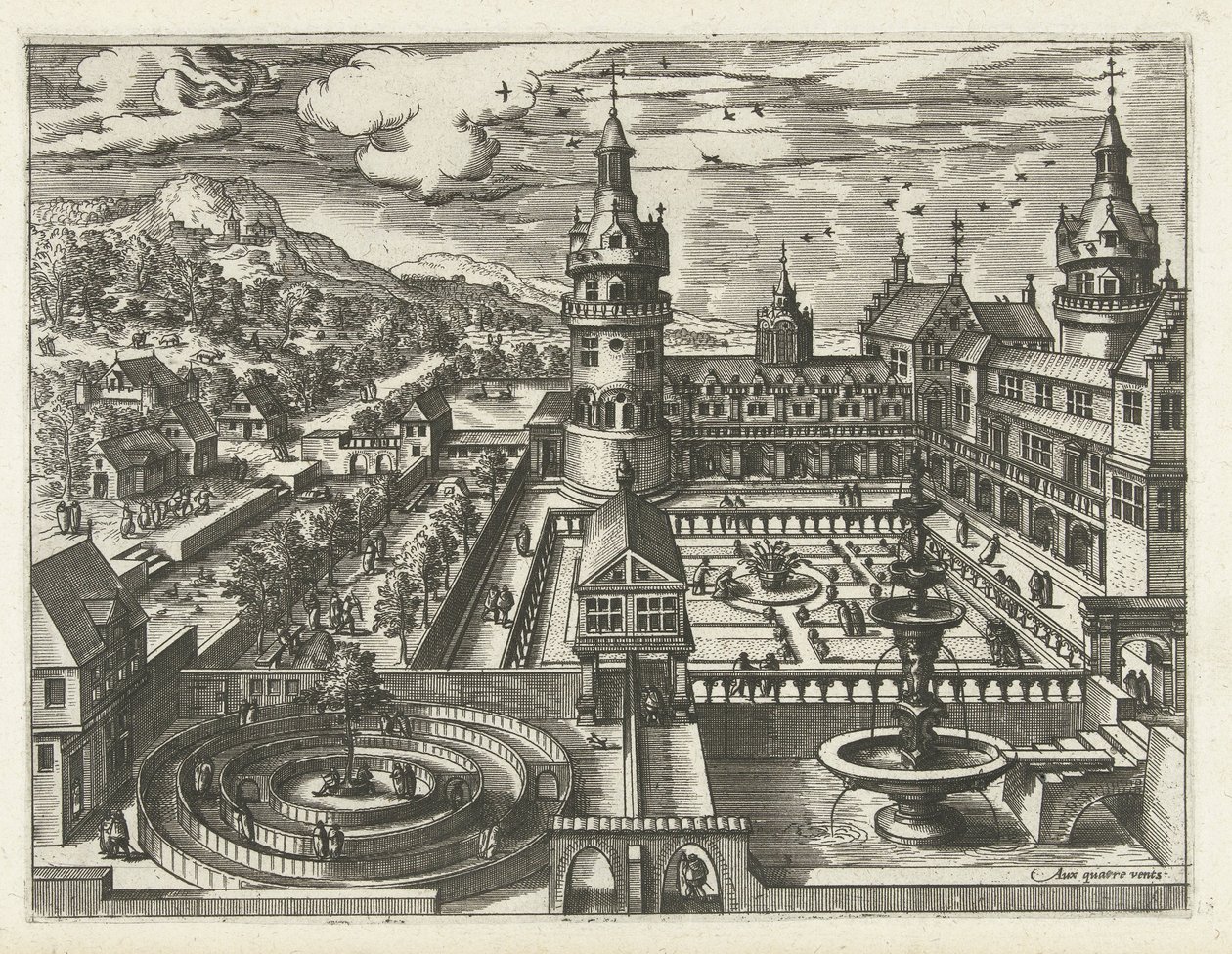 迷路と噴水のある城 風景、海景、想像力豊かな街並み（シリーズ名） 作： Joannes van Doetechum（I）（帰属）