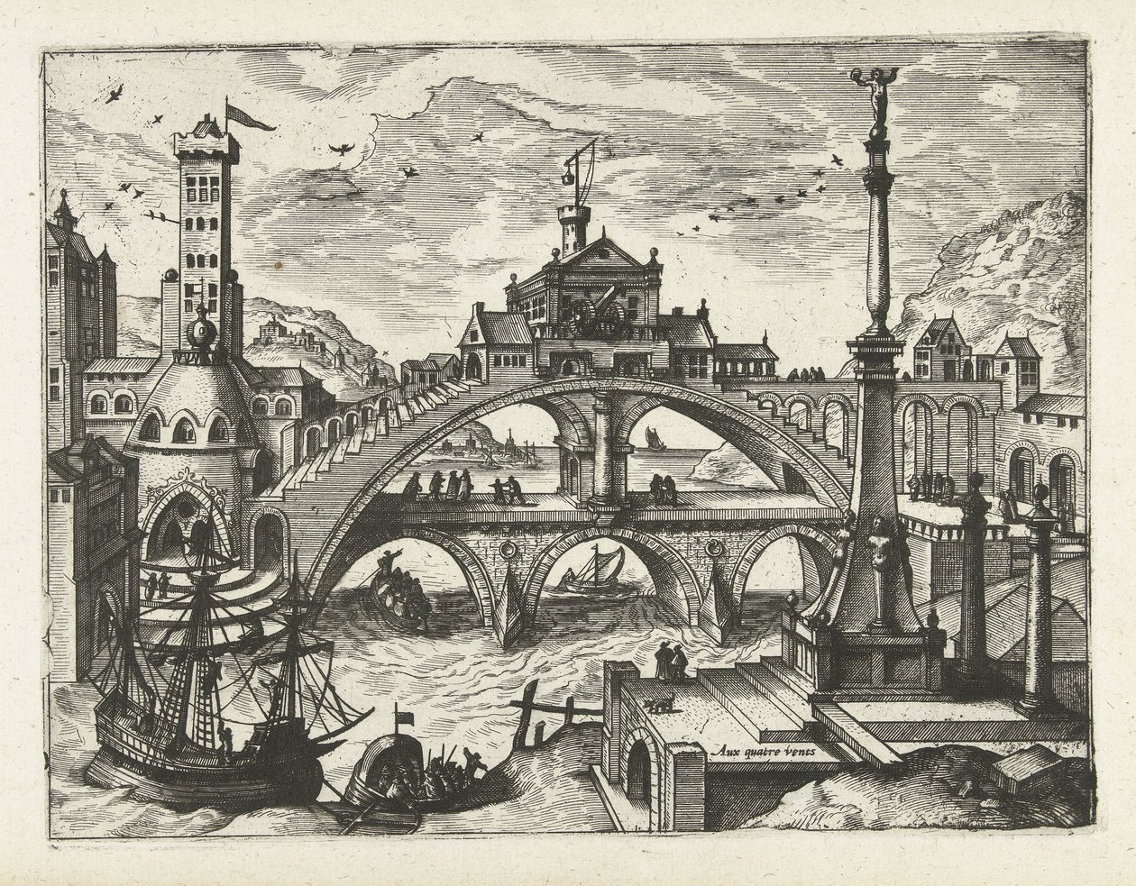 架け橋のある都市 風景、海景、想像力豊かな街並み（シリーズ名） 作： Joannes van Doetechum（I）（帰属）