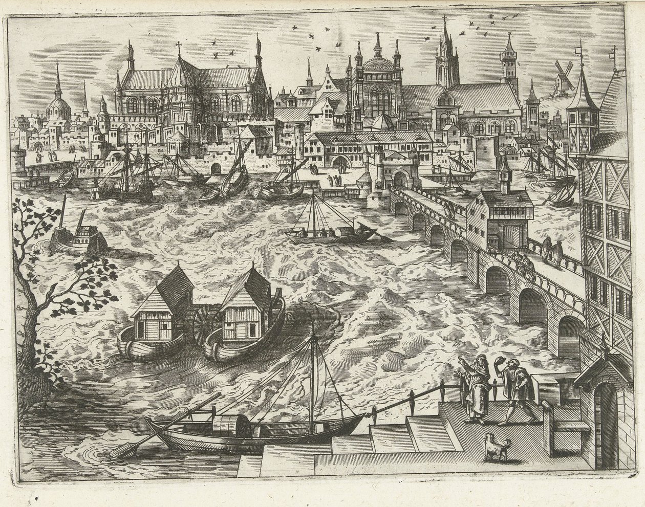 橋と港のある街並み 風景、海景、想像力豊かな街並み（シリーズ名） 作： Joannes van Doetechum（I）（帰属）