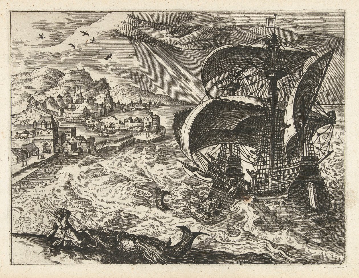 ヨナとクジラのいる海の風景 風景、海景、想像力豊かな街並み（シリーズ名） 作： Joannes van Doetechum（I）（帰属）