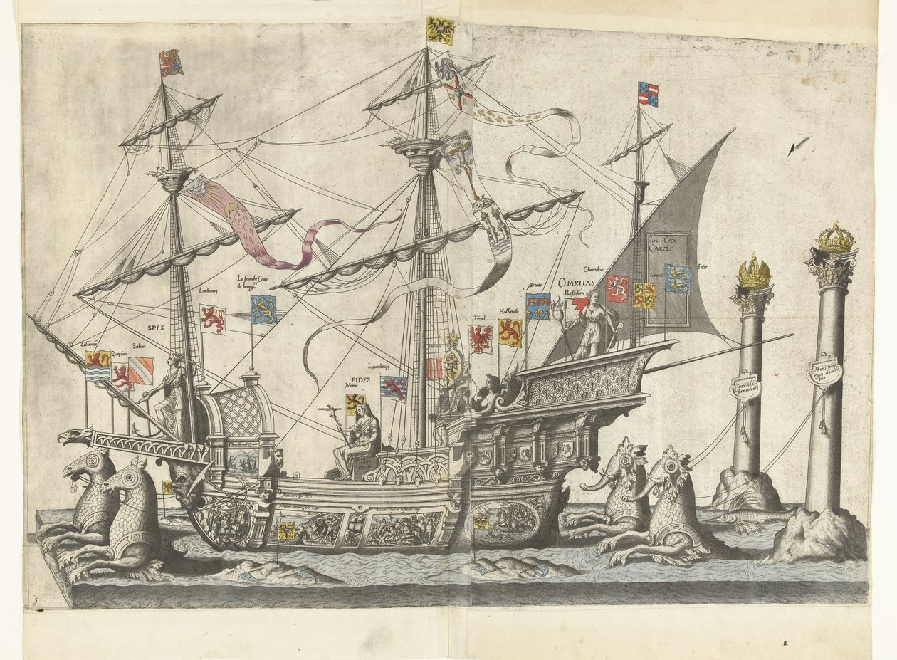 Het schip Victoria, nr. 5 Begrafenisoptocht van keizer Karel V、1558（シリーズタイトル） ブリュッセル市で祝われた、非常に偉大で非常に勝利した皇帝チャールズ5世の葬儀と葬儀で行われた壮大で豪華な葬儀パンプ 作： ジョアンネス・ヴァン・ドゥーテクム (I)