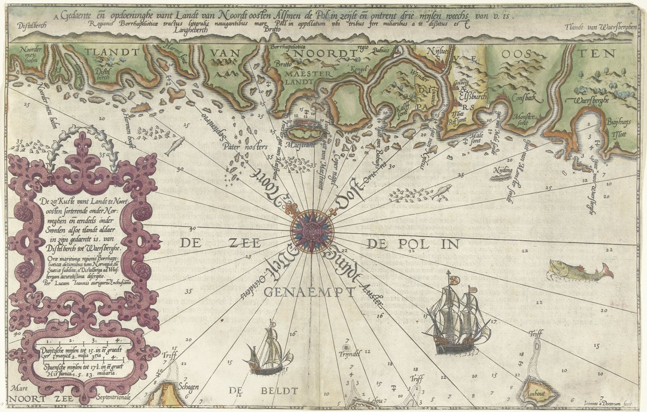 ノルウェーとスウェーデンの海岸の地図の一部 Kuste vant Landt の海は北東にあり、Norweghen の下にあり、一部はスウェーデンの下にあります (...) (オブジェクトのタイトル) 作： ジョアンネス・ヴァン・ドゥーテクム (I)