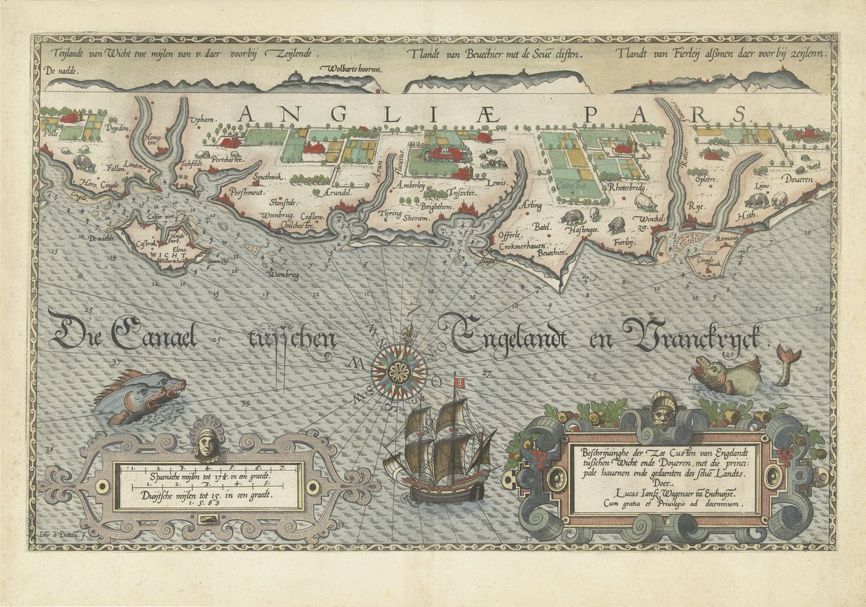ワイト島とドーバーの間の南イングランドの海岸の地図 説明He der Zee Custen van Engelandt between Wicht ende Doueren (オブジェクトのタイトル) 作： ジョアンネス・ヴァン・ドゥーテクム (I)