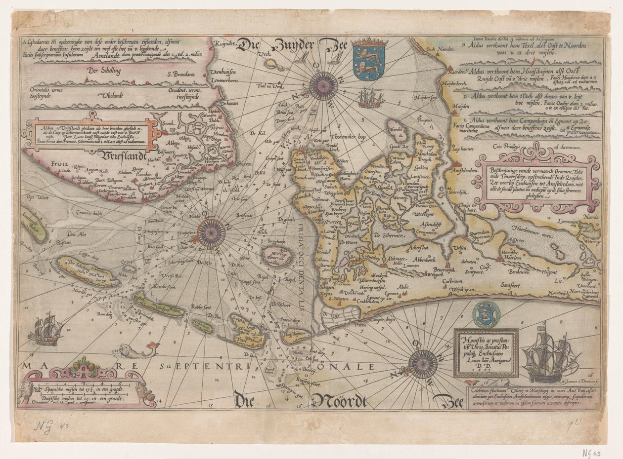 フリー川とマースディップの地図 説明he vande vermaerde stroemen、Tvlie and Tmaersdiep、上昇する Zuijder Zee は Enchuijsen で Amstelredam に向けて出航し、すべての砂と浅瀬を selve stroemen gheleghen (オブジェクトのタイトル) に載せました。 作： ジョアンネス・ヴァン・ドゥーテクム (I)