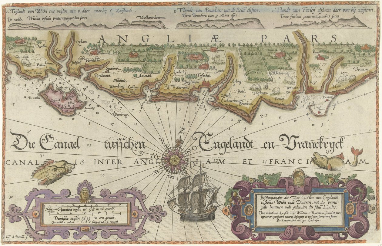 ワイト島とドーバーの間のイギリス海岸の地図 作： Joannes van Doetecum