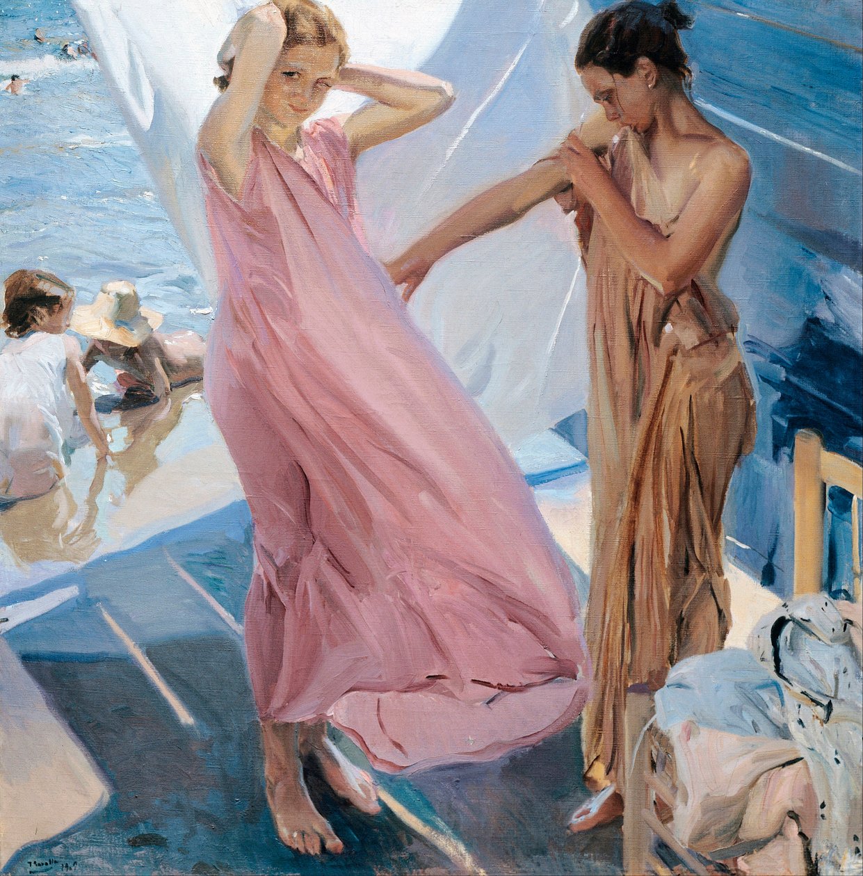 ""Apres le bain"" (After the Bath) 海で入浴した後に着替える二人の少女 Joaquin Sorolla y Bastida (1863-1923) の絵画 - 1909 - キャンバスに油彩 - Museo Sorolla Madrid 作： ホアキン・ソローリャ・イ・バスティダ