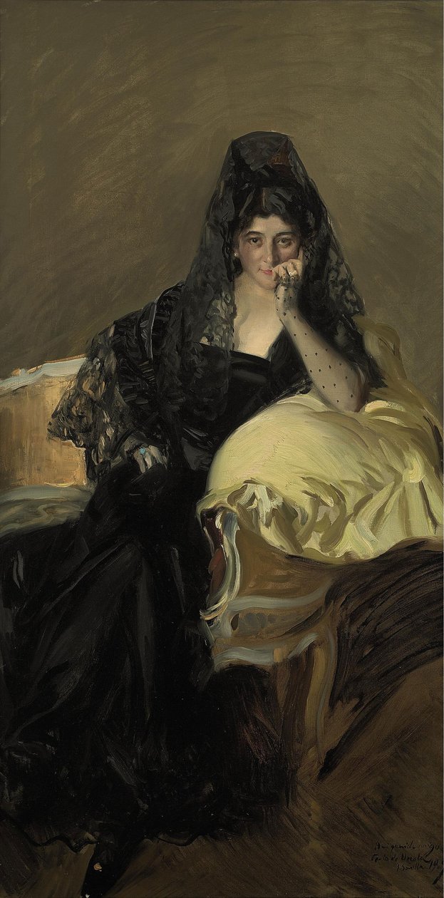 黒い毛布を身に着けているウルコラ夫人の肖像 作： JoaquínSorolla