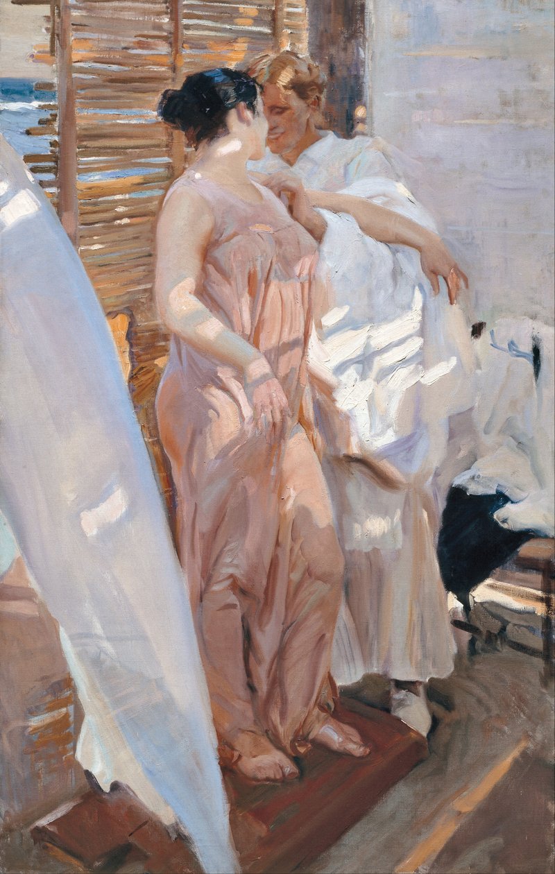 ピンクのローブ。お風呂の後 作： JoaquínSorolla