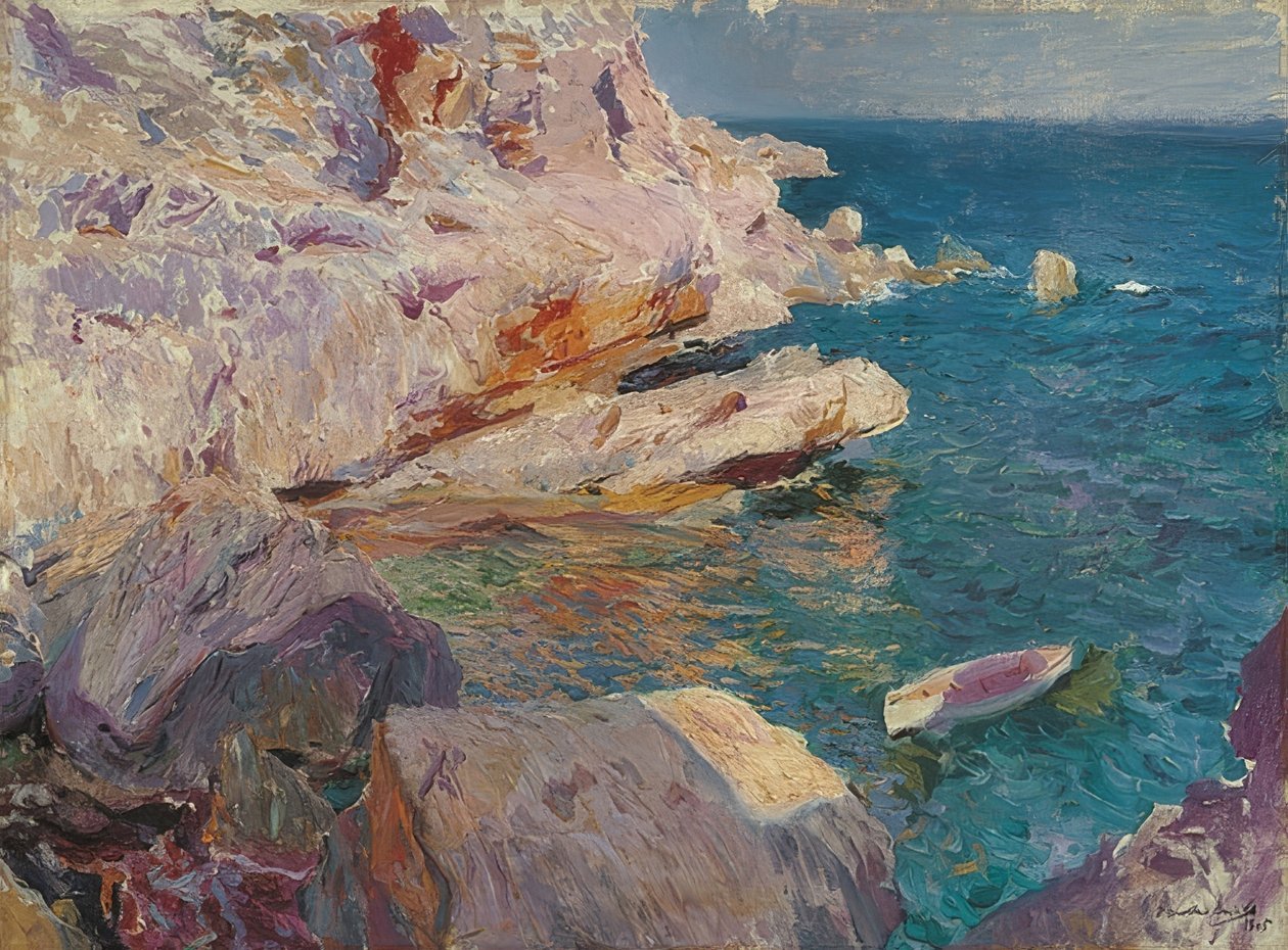 ハベアは白いボートでロックします。 1905 作： JoaquínSorolla