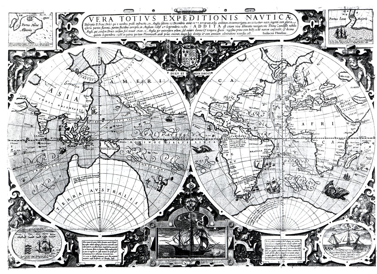 世界地図; Vera Totius Expeditionis Nauticae、（左）サーフランシスドレイク（1540-96）および（右）トーマスキャベンディッシュ（1560-92）c.1595による地球の周回航路 作： ヨドクスホンディウス