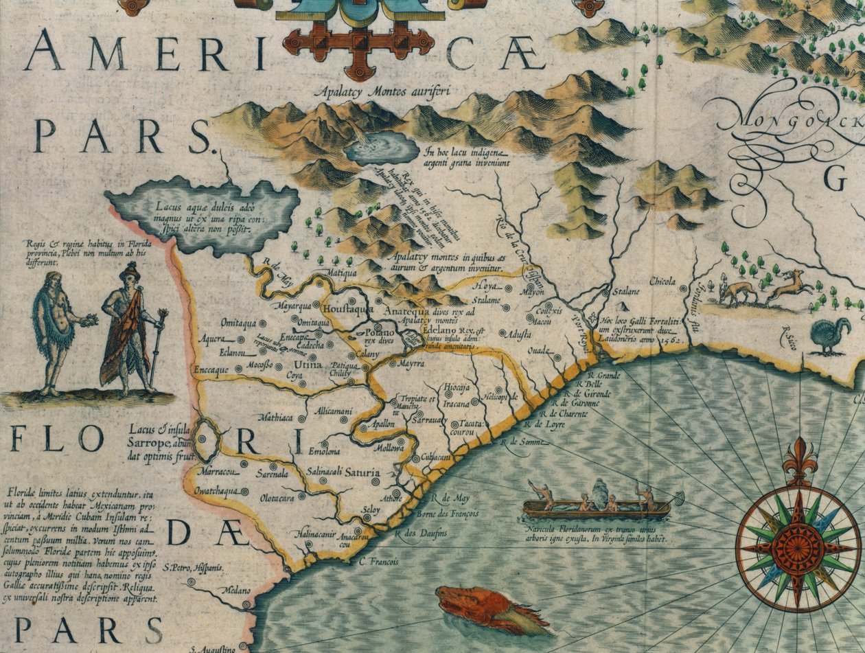 ノースカロライナの海岸、1606年のメルカトル地図書からのVirginiae item et Floridaeというタイトルの地図の詳細、パブ。ジョドカス・ホンディウスによる、1619年の手彫りの彫刻66866、81957、81958も参照 作： ヨドクスホンディウス