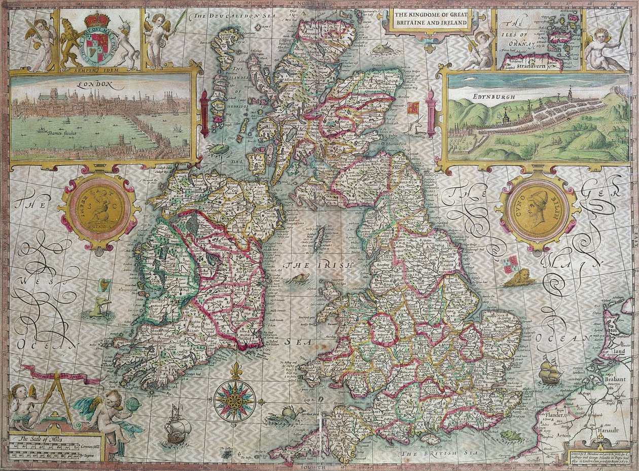 グレートブリテンおよびアイルランド王国の地図、1610年（手描きの彫刻） 作： ヨドクスホンディウス