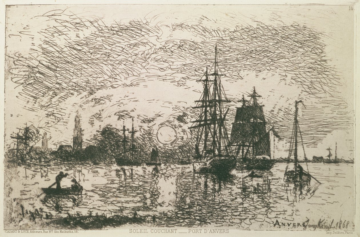 日没、アントワープの港、1868 作： ヨハン・バーソルド・ジョンキンド