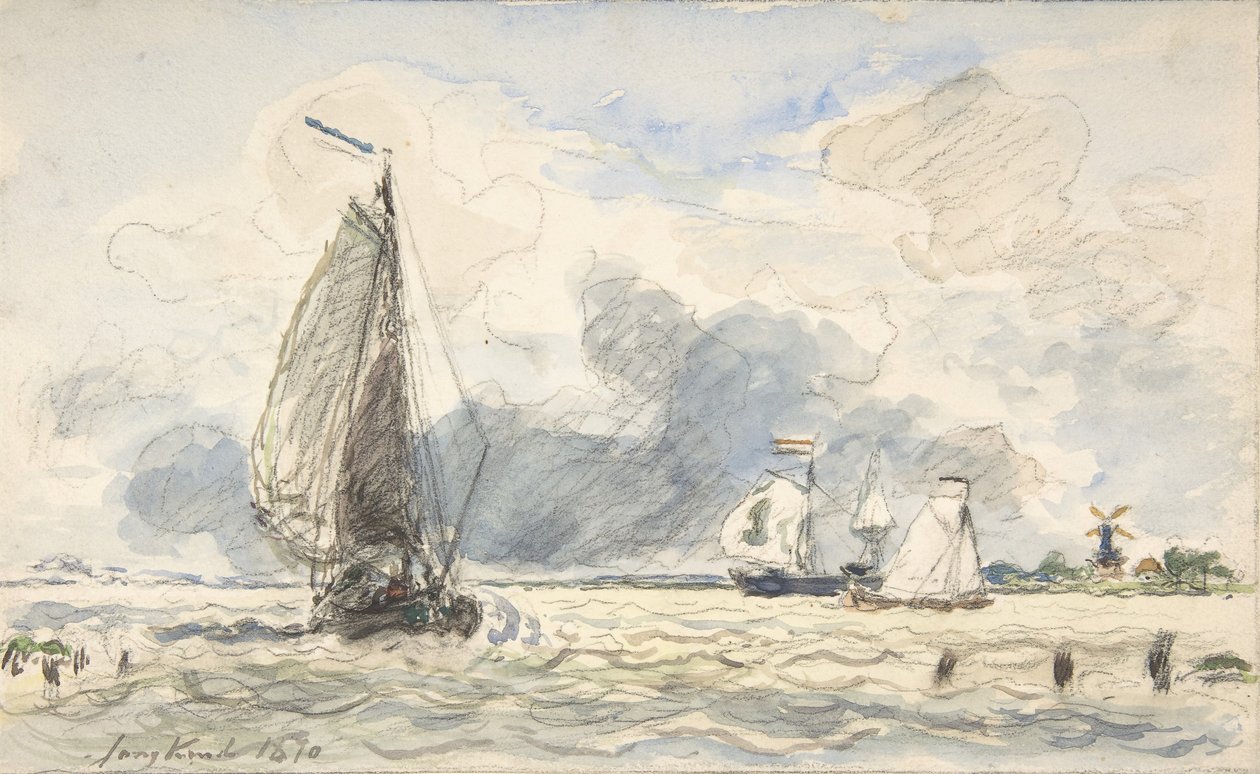 オランダの漁船、Verso: Sketches of Boats, 1870. 作： ヨハン・バーソルド・ジョンキンド