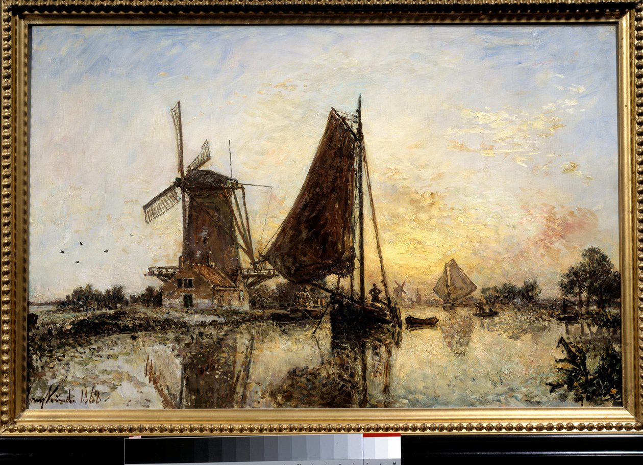 オランダの風景、水車小屋の近くのボート ジャン・バルトルド・ジョンキンド（1819-1891）の絵 1868年 日0,52x0,81 m パリ、オルセー美術館 作： ヨハン・バーソルド・ジョンキンド
