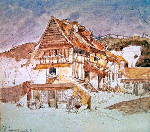 1851年、フランス、ノルマンディーのディエップにある古い家屋（紙にペン、インク、トイレ） 作： ヨハン・バーソルド・ジョンキンド