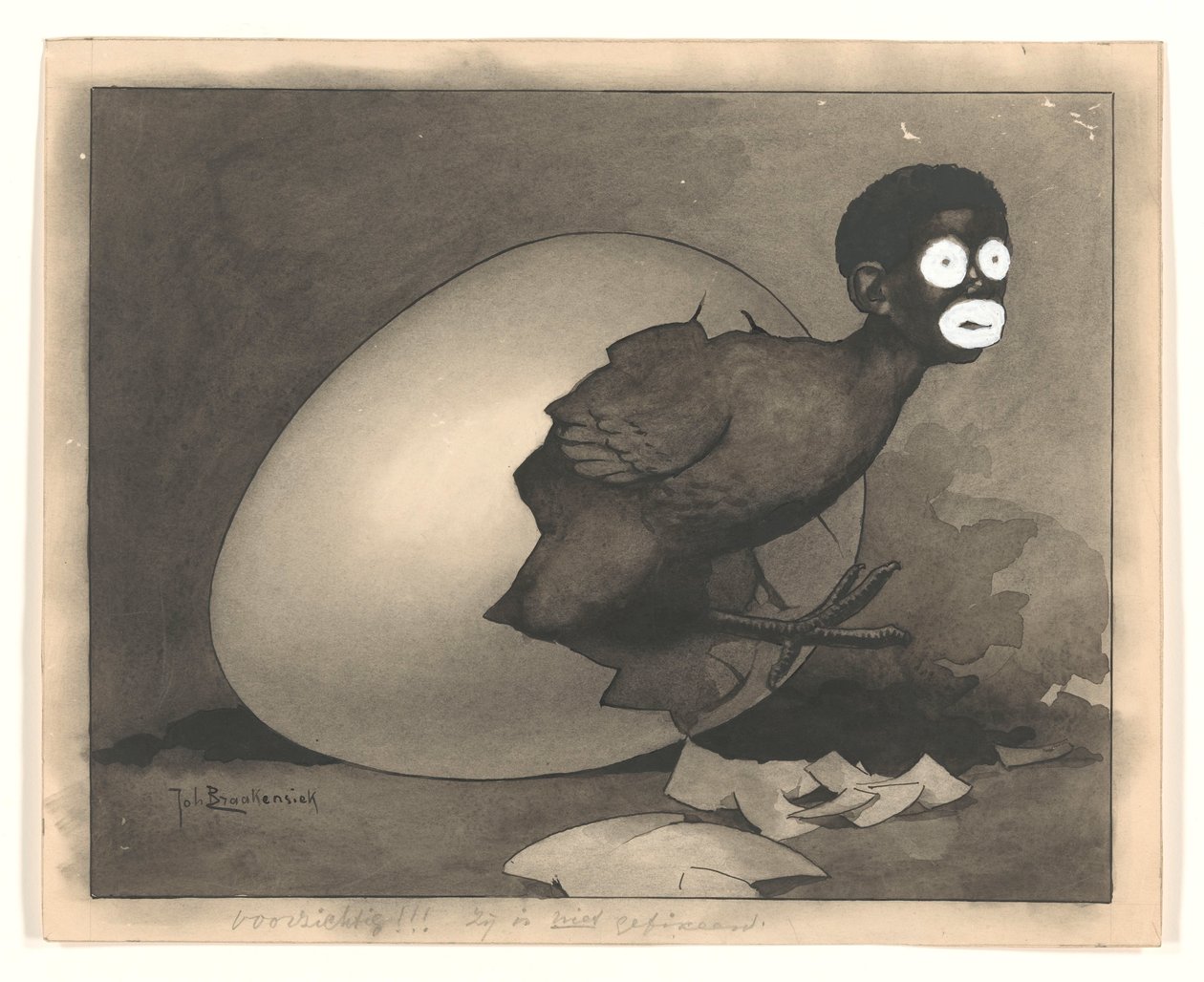 De Amsterdammer のイラストレーションのデザイン: 黒人男性が卵から孵化する (1930 年 4 月 19 日) 作： ヨハン・ブラケンジーク