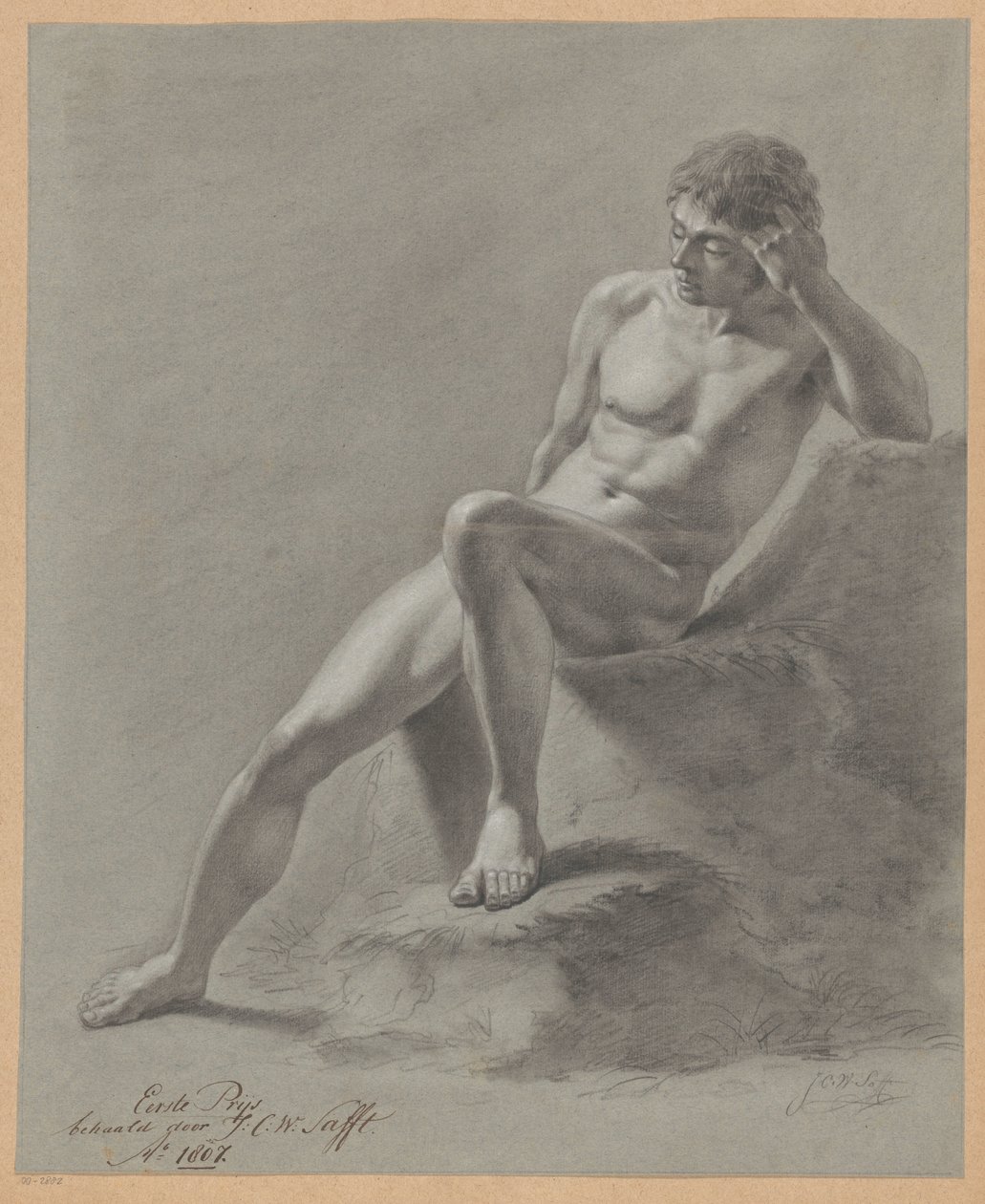 正面から見た裸の男性の着席 (一等賞 1807) 作： Johan Christiaan Willem Safft