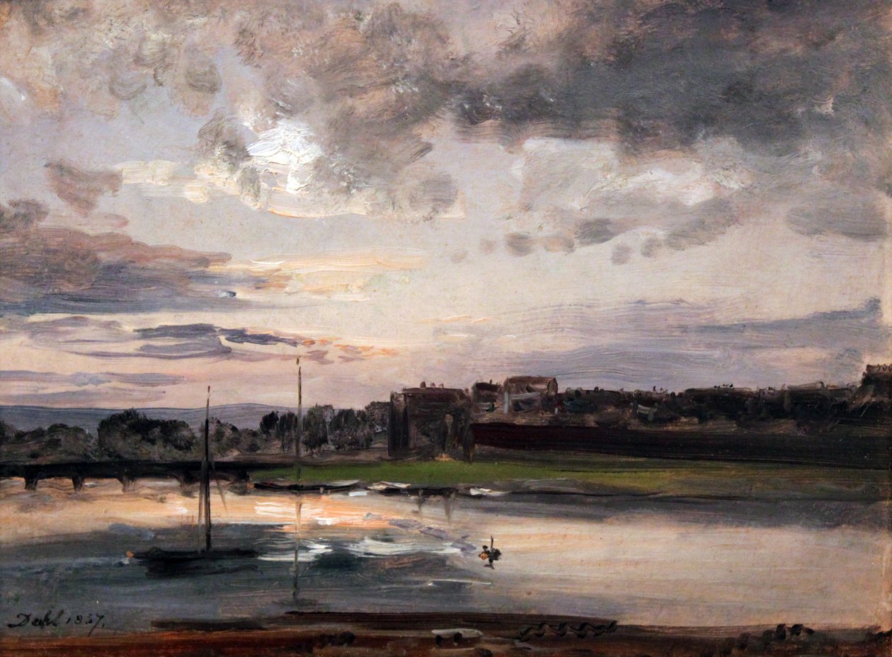 The Elbe and Dresden Neustadt in Evening Light / 夕方の光に照らされたドレスデンのエルベ川とノイシュタットの堤防 作： ヨハン・クリスチャン・ダール