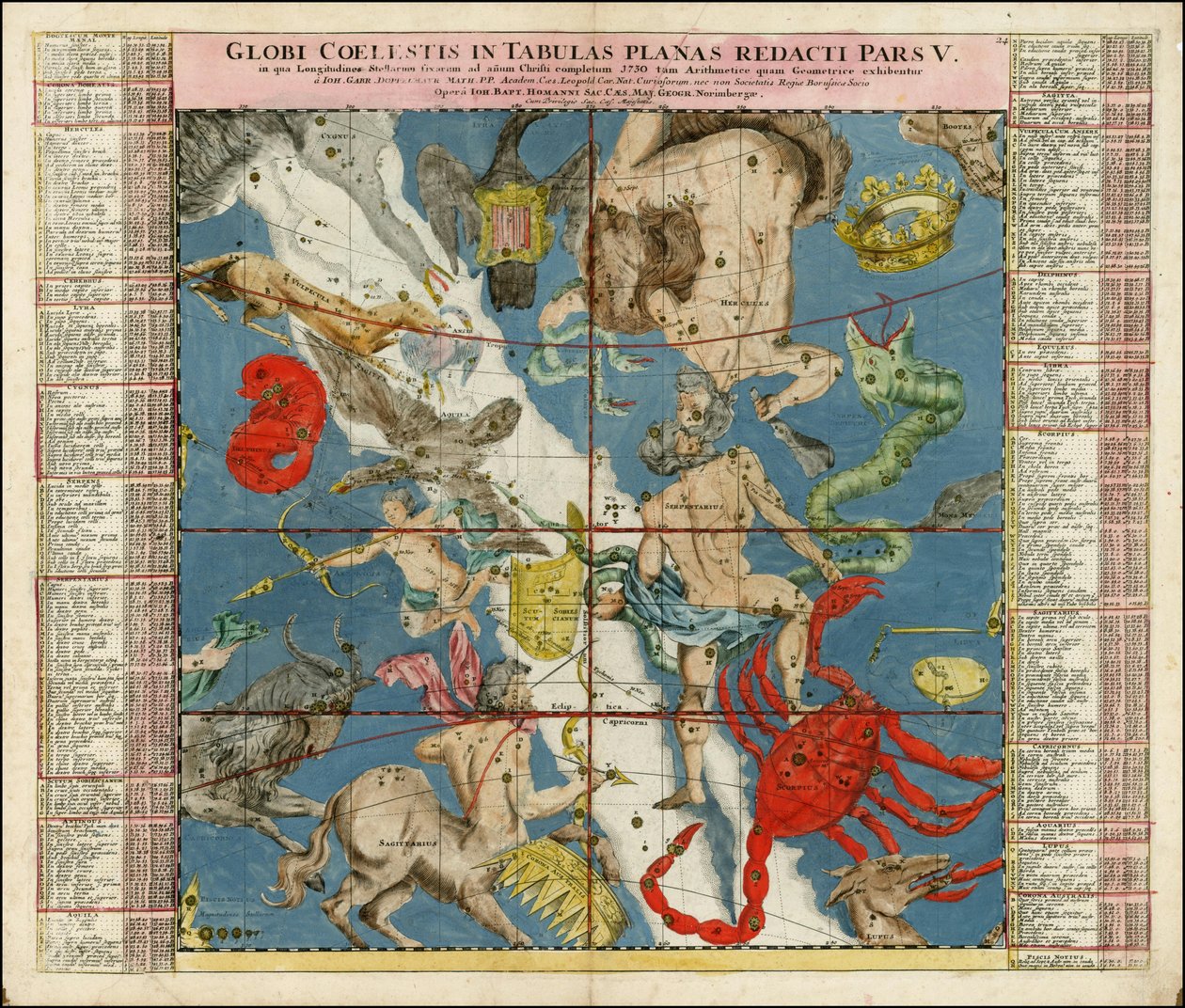 1730年天球図 - Globi Coelestis In Tabulas Planas Redacti Pars V 作： ヨハン・ガブリエル・ドッペルマイヤー