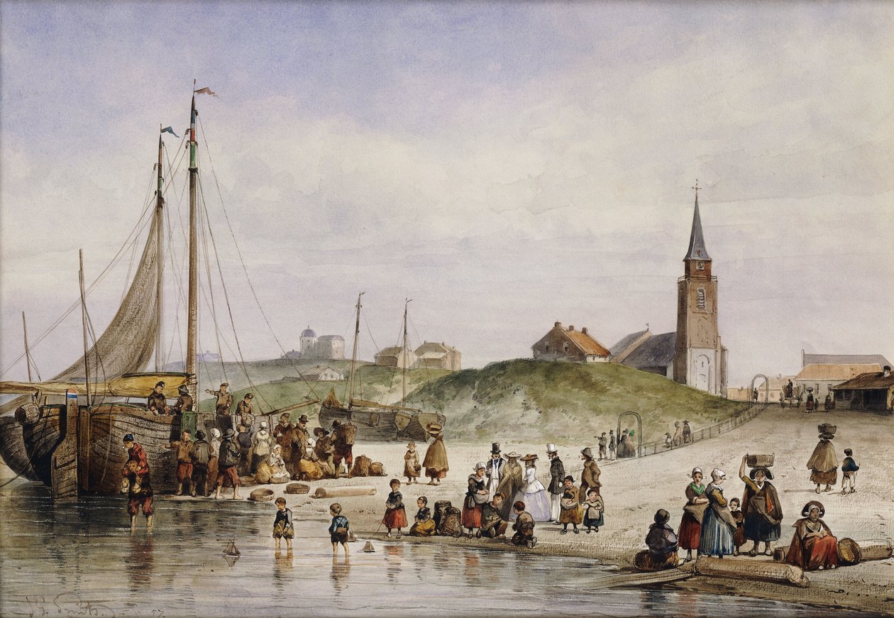 1857年を超えた町のある浜辺の漁師 作： ヨハン・ジェラルド・スミッツ