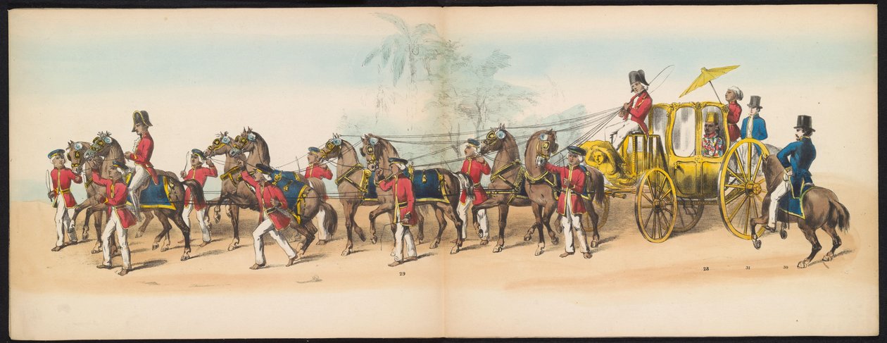 デルフト学生の仮面舞踏会、1857年（プレート3） 1857 年 5 月 5 日にデルフトの学生団のメンバーによって開催された衣装を着た行列。ジョクジョカルタのスルタンのガレベグ行列と、オランダの最も特徴的なタイプが描かれています。 作： ヨハン・ヘンドリック・ホフマイスター