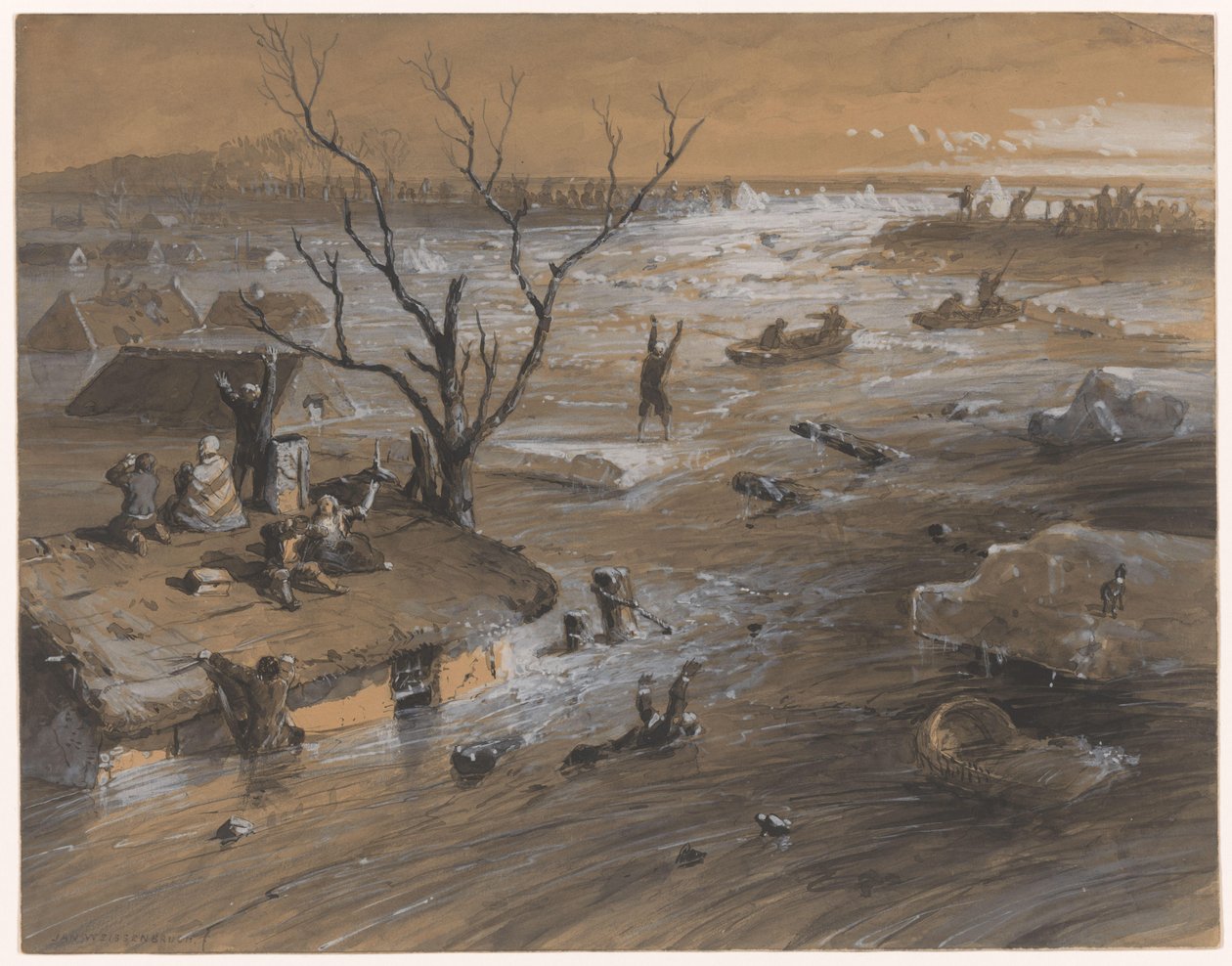 ブラケルの堤防決壊、1861 年 1 月 4 日 (オブジェクトのタイトル) 作： Johan Hendrik Weissenbruch（アーティストによる署名）