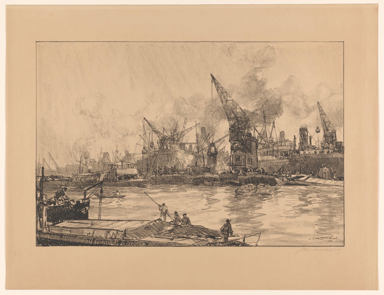 ロッテルダム港の眺め、さまざまなクレーン 作： Johan Hendrik van Mastenbroek（アーティストによる署名）