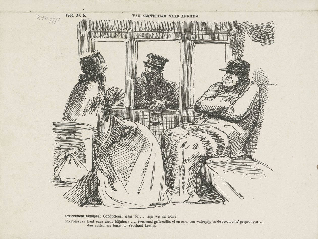 1866 年、Rijnspoorweg での多くの事故の漫画 アムステルダムからアーネムまで（オブジェクトのタイトル） 作： ヨハン・マイケル・シュミット・クラン