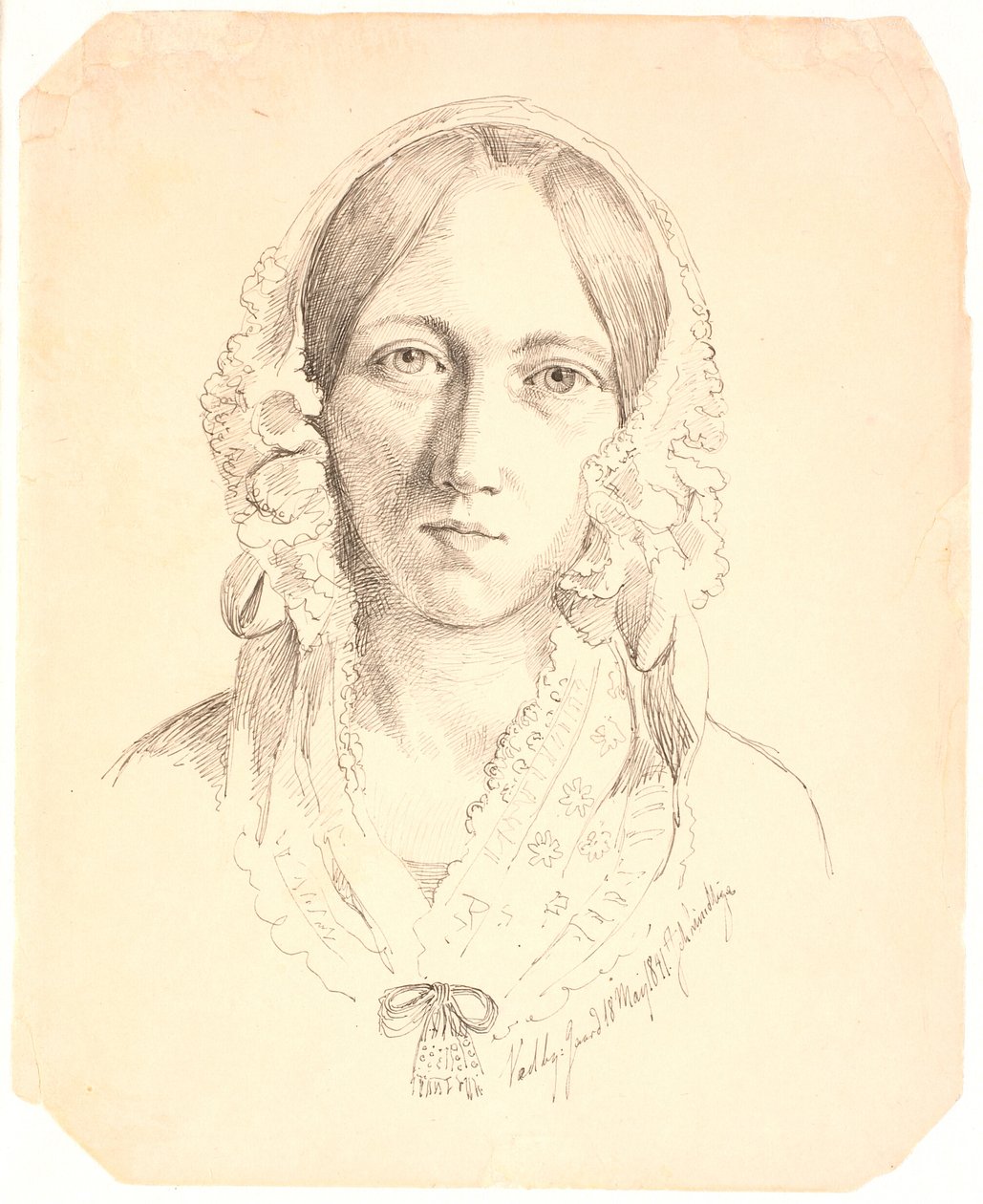 若い女性のポートレート、片面。 ルイーズ・マリー・ネルガード (1816-1895) を代表する可能性がある 作： ヨハン・トーマス・ランドバイ
